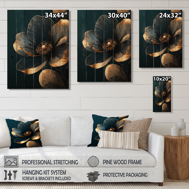 Or et pivoines noires, fragiles beauté I - art mural en bois pivoines - sur bois de pin naturel