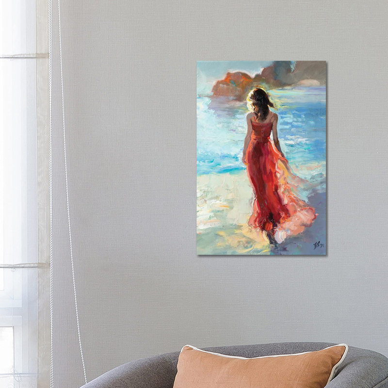 Girl In Red By The Sea by Katharina Valeeva - Wrapped Canvas Painting, 66.04 cm H x 45.72 cm W x 1.91 cm D