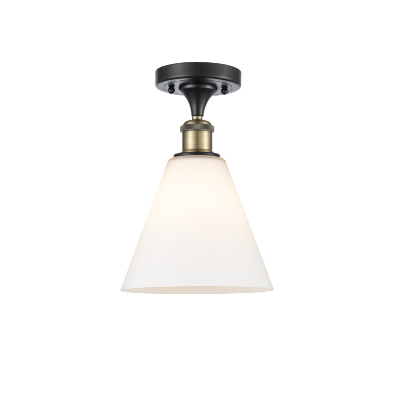 Plafonnier semi-encastré 1 lumière, Noir / laiton antique, H 11,75 po x l 8 po x P 8 po, Blanc mat