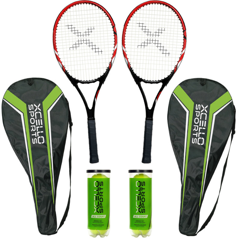 Ensemble de raquettes en aluminium Xcello Sports avec 2 tubes de balles de tennis et 2 housses, Noir / rouge