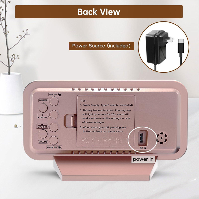 Slim Digital Mirror Clock, Aesthetic Alarm Clock For Bedroom Living, Plug In Electric Clock Big LED Modern Decorative Small Table Clock For Office Desk, Battery Backup, 6 Dimmers (Rose Gold)