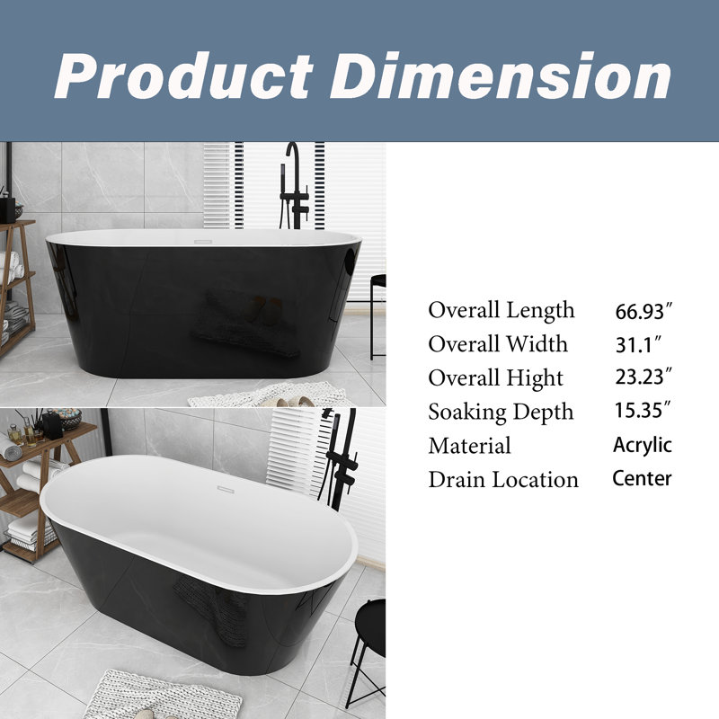 67'' X 31'' Acrylic Freestanding Soaking Bathtub, Glossy Black