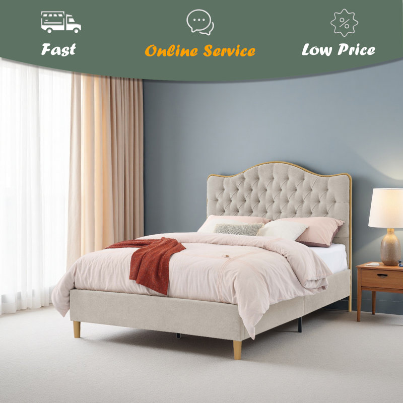 Luxelegance Upholstered Bed Frame, Khaki