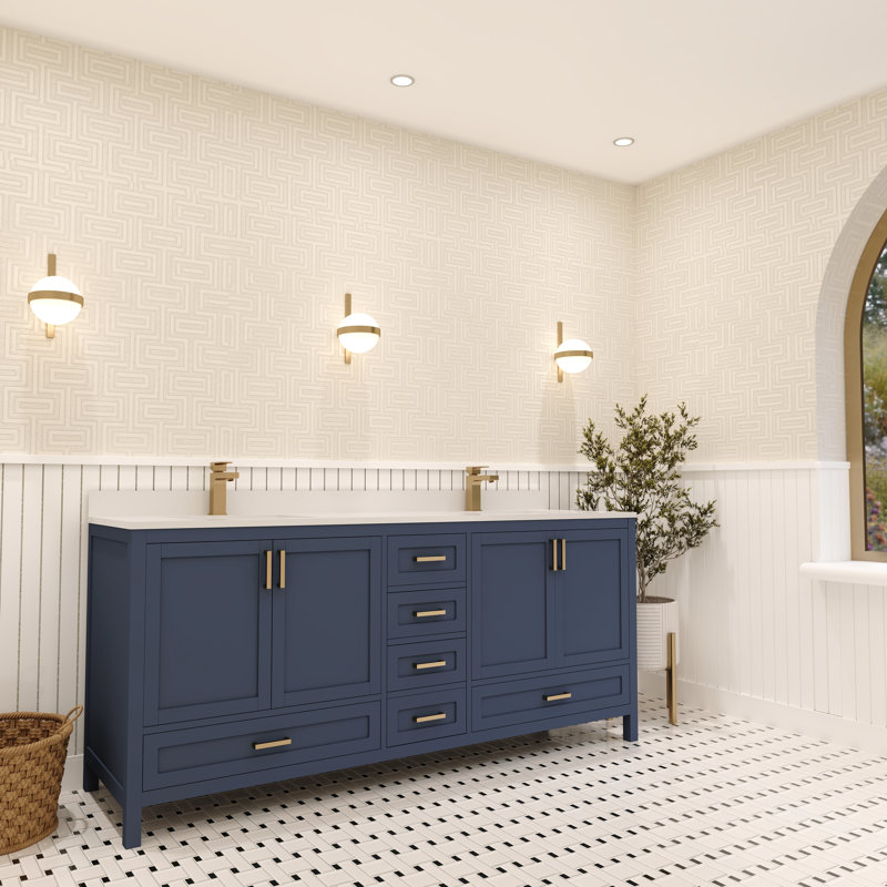 Meuble-lavabo double 72 po avec plateau en quartz blanc Rooh, Or brossé, Bleu