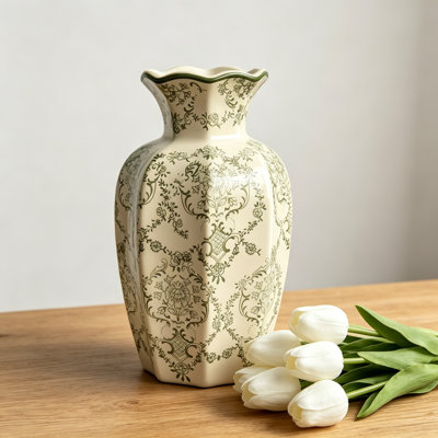 Chinoiserie Ceramic Vase, Green and White Handcrafted Floral Vase, Vintage Hexagonal Centerpiece for Living Room, Office, Home Decor, French Country Style