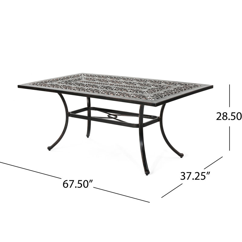 Table rectangulaire en fonte d'aluminium en cuivre brillant avec une élégante décoration extérieure délicate à découpes florales