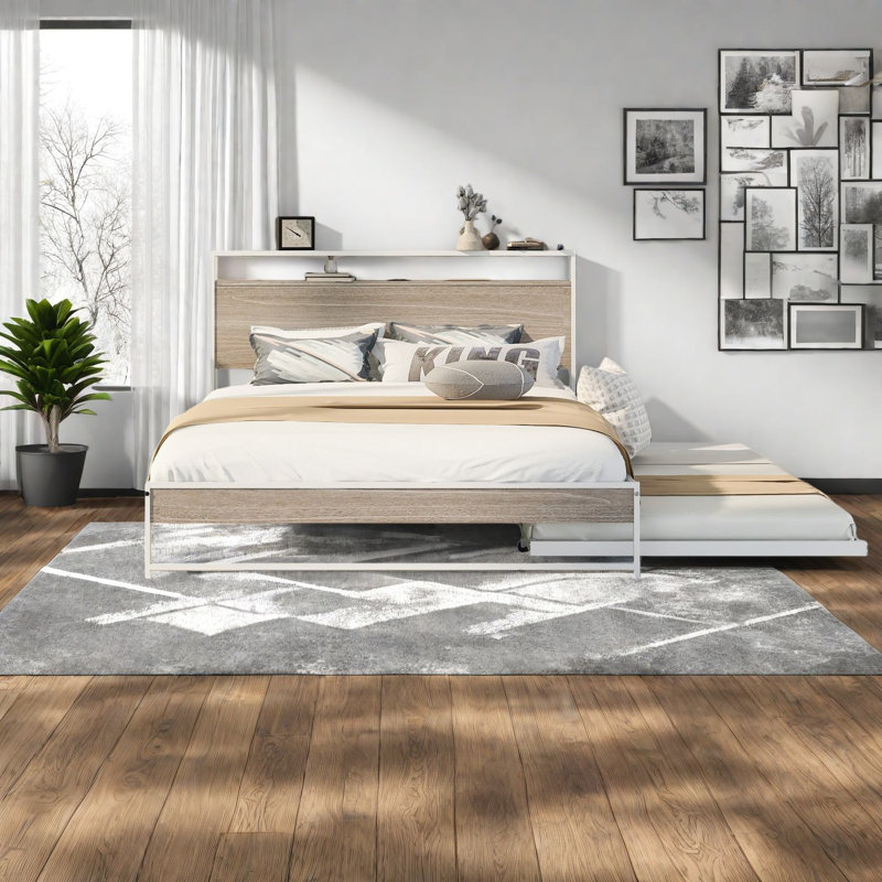 Grands lits avec lit gigogne et USB, chambre à coucher moderne en bois et métal