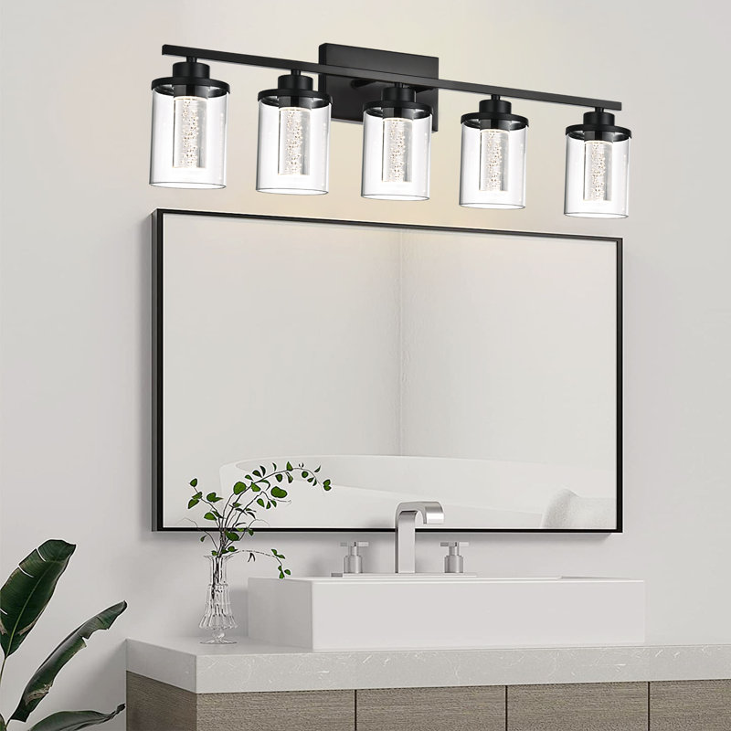 Luminaire de salle de bain à 5 lumières, lumières de meuble-lavabo à intensité variable 5CCT, applique murale moderne en cristal à DEL avec bulles transparentes 3000K / 3500K / 4500K / 5000K / 6000K