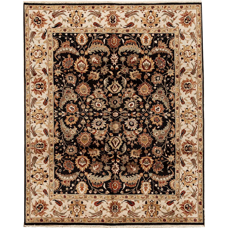 Tapis noir et ivoire de haute qualité noué à la main