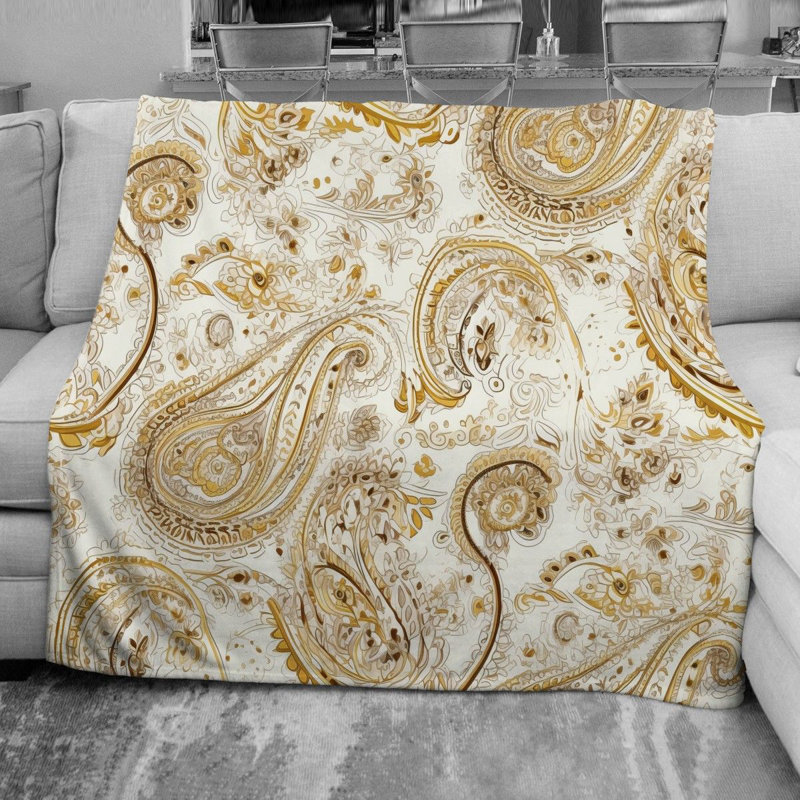 Botanical Fleece Throw, 51" W x 60" L, Gold/White Paisley