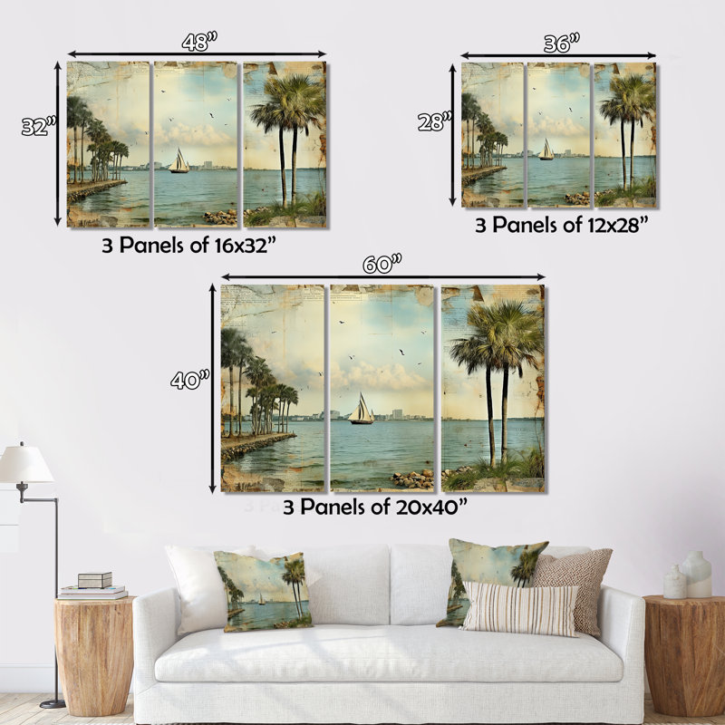 «Vintage 1920 Miami Palm Trees Beachside - Florida», reproduction d'art sur toile, H 28 po x l 36 po x P 1 po