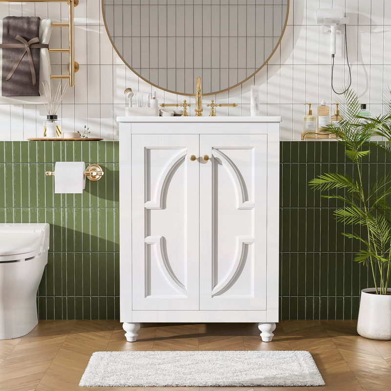 Modern Bathroom Vanity with Sink,Soft-Close Hinges,Ball-Turned Legs, White