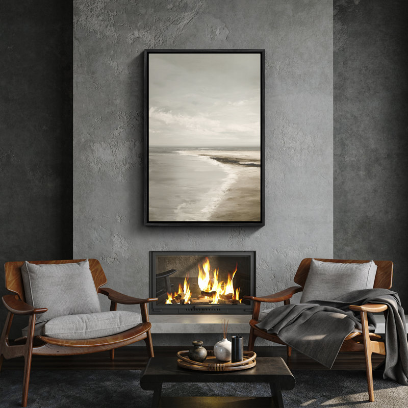 «Minimalist Neutral Beach Shoreline Calm Coastal Scene», reproduction d'art encadrée, Noir, H 24 po x l 16 po