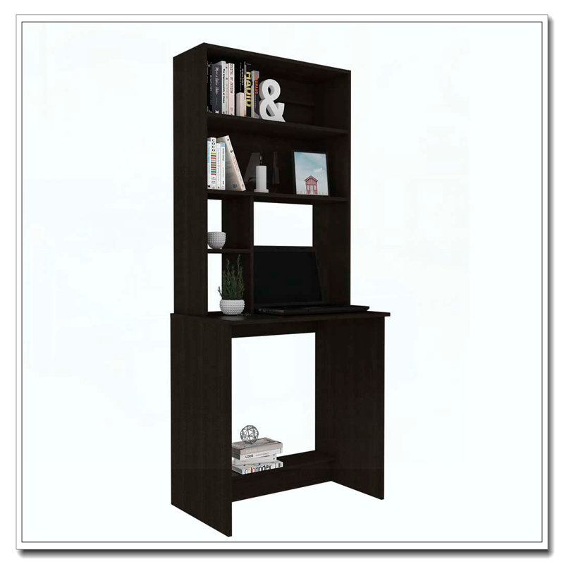 Bureau d'ordinateur noir à 4 tablettes avec rehausse Wengue