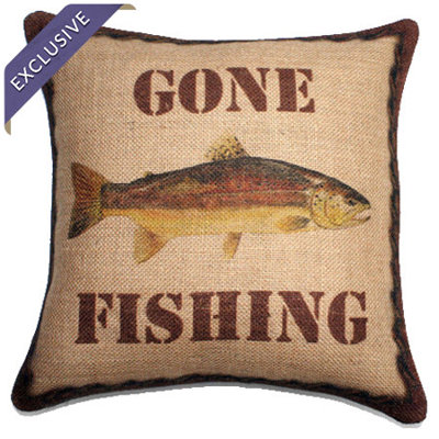 Gone Fishing Burlap Throw Pillow