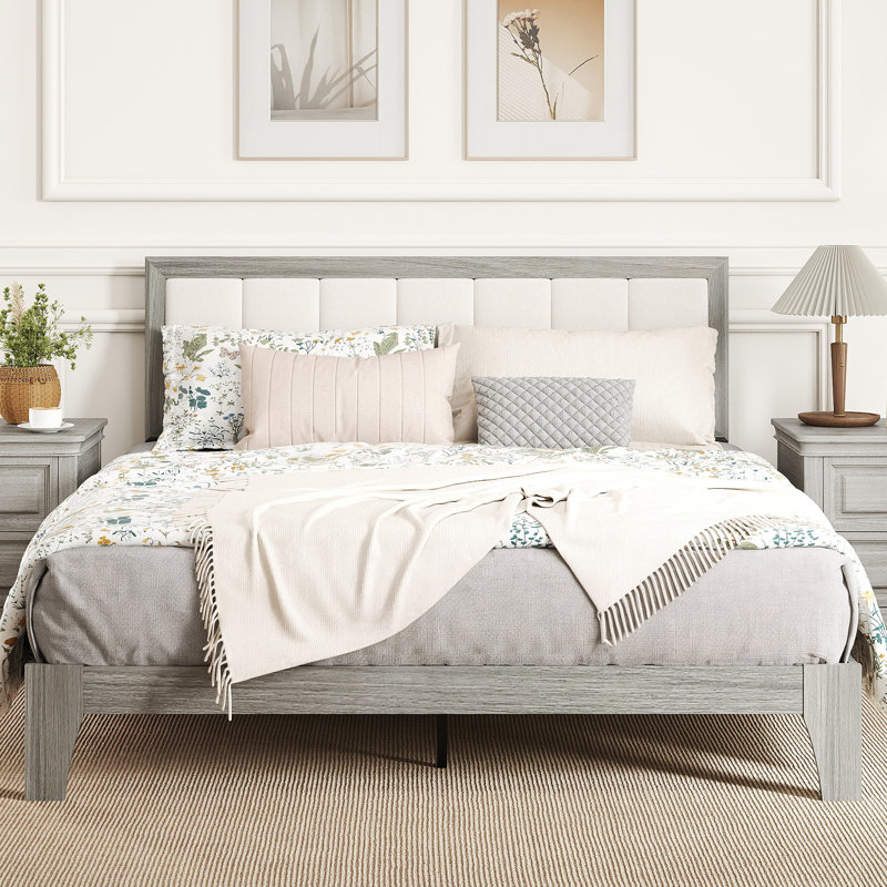 Queen Size Bed Frame with Upholstered Headboard, Platform Bed Frame with Wooden Slats, No Box Spring Needed, Easy Assembly, Gray