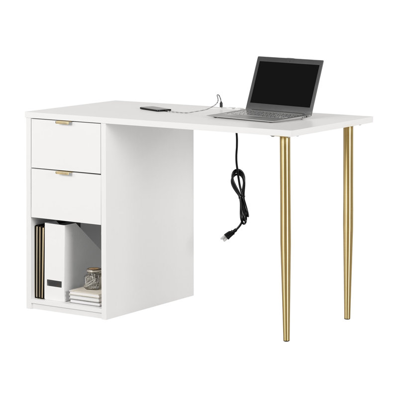 Pure White Wood Computer Desk with USB Port and Drawer