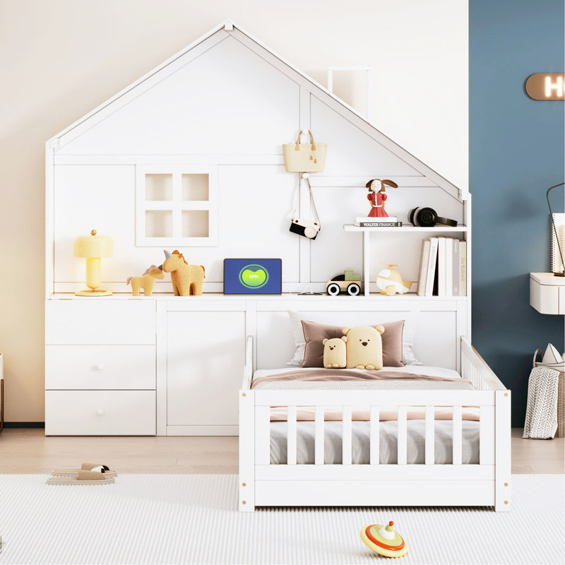 Lit simple blanc avec fenêtre, tiroirs de chevet, douilles et support de rangement simple, Lit simple