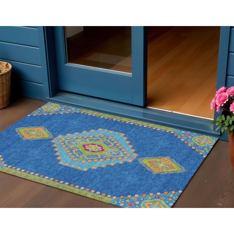 Tapis intérieur lavable bleu oriental 3 pi x 5 pi Denim