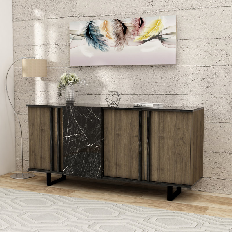 Sideboard With Cabinets And Shelves Fido, Walnut & Black Marble Effect