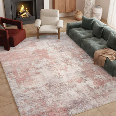 Tapis lavable rose et gris rétro, tapis antidérapant doux pour le salon et la chambre à coucher