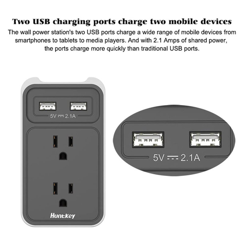 Prise murale Huntkey avec 2 ports USB 2,1 ampères et prises, gris (paquet de 4), Paquet de 3