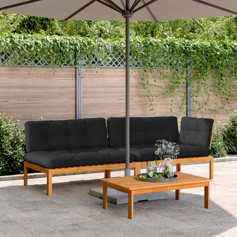  Ensemble de canapé palette en bois d'acacia avec coussins noirs, Noir, Brun