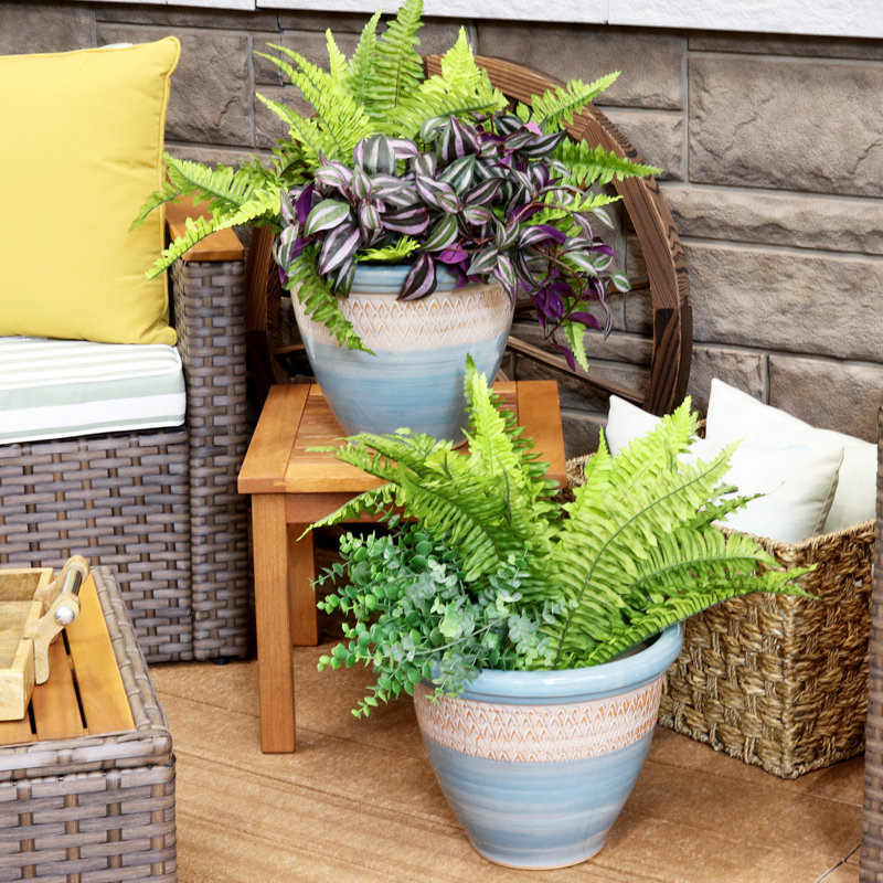 Jardinière intérieure / extérieure Chanze - 12 po x 12 po x 10 po - pot de fleurs rond en céramique à 2 compartiments - bleu / beige
