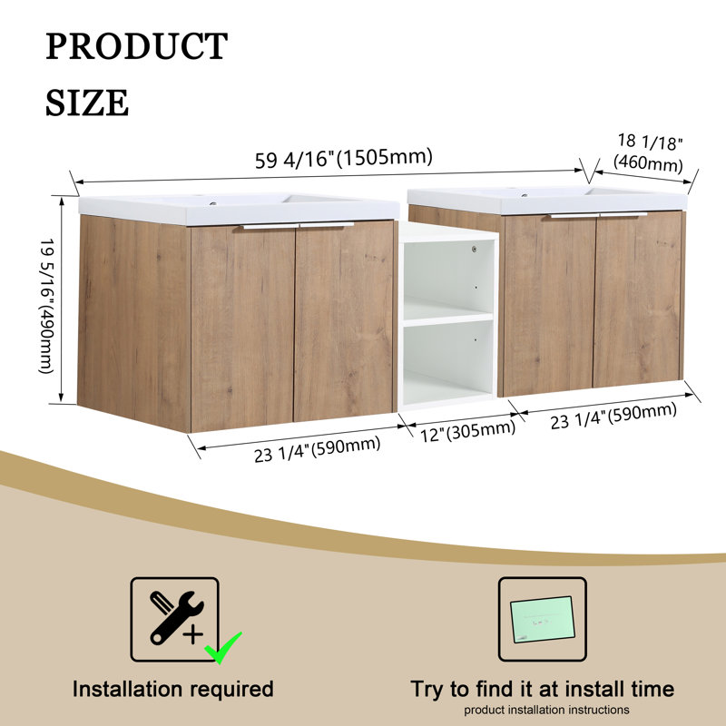 Ensemble de meuble-lavabo double 59,23 avec comptoir Lamaiyah, Beige