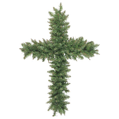 Couronne en forme de croix artificielle pin vert 22 po avec piquet - non éclairée