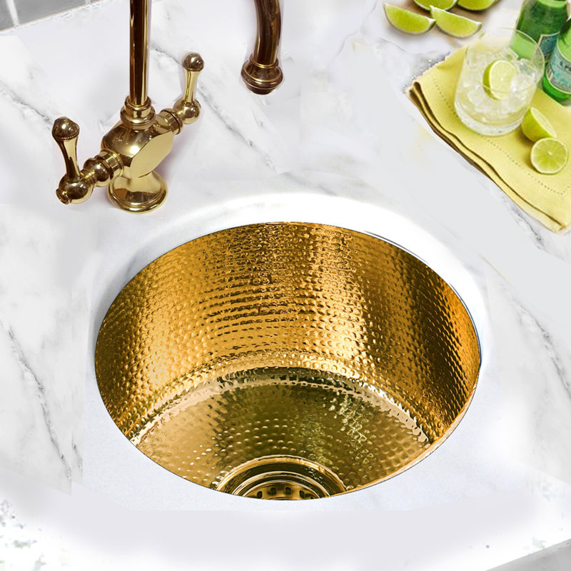 Brightwork 15-Inch Hand Hammered Round Stainless Steel Bar Sink, Polished Brass