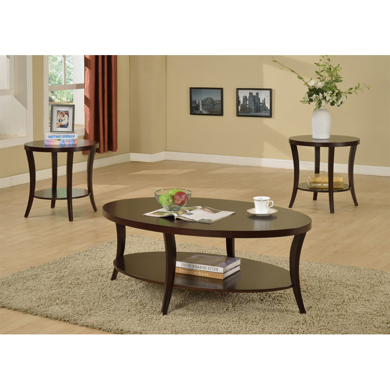 Espresso Poplar Wood 3-Piece Oval and Round Coffee Table Set