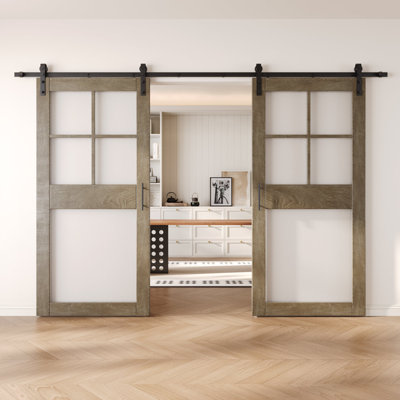 Homacer Double Classic Gray 36in x 84in 5-Lite Frosted Glass Unassembled & Finished Barn Doors with Non-Bypass Installation Hardware Kit, 13ft track, interior use only