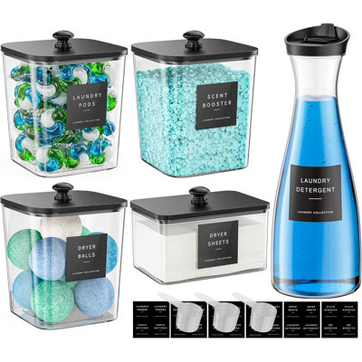 3+1+1 Pack Laundry Pods Container ， Dryer Sheet Holder with Lid,  Liquid Soap Detergent Dispenser for Powder, Beads and Fabric Softener, Black Laundry Room Organization and Storage