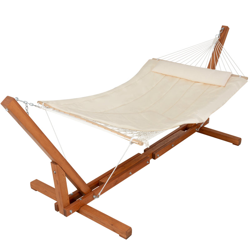 Hamac en corde avec support de hamac en bois réglable de 12 à 14 pieds et coussin amovible