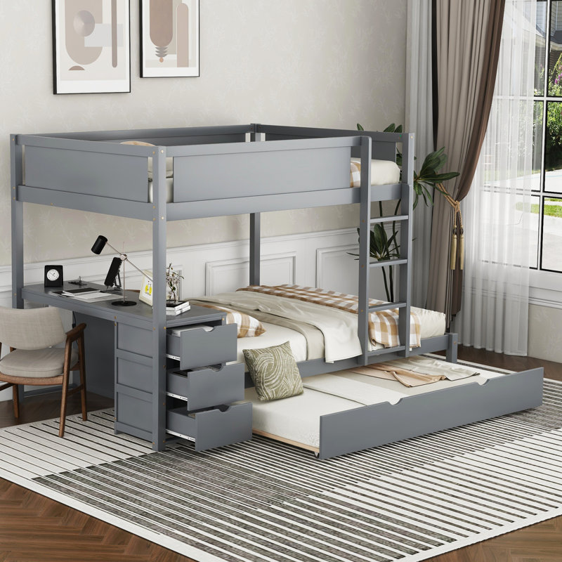 Lit superposé peu encombrant gris avec lit gigogne simple, rangement de bureau et lit gigogne et rangement, - Créez plus