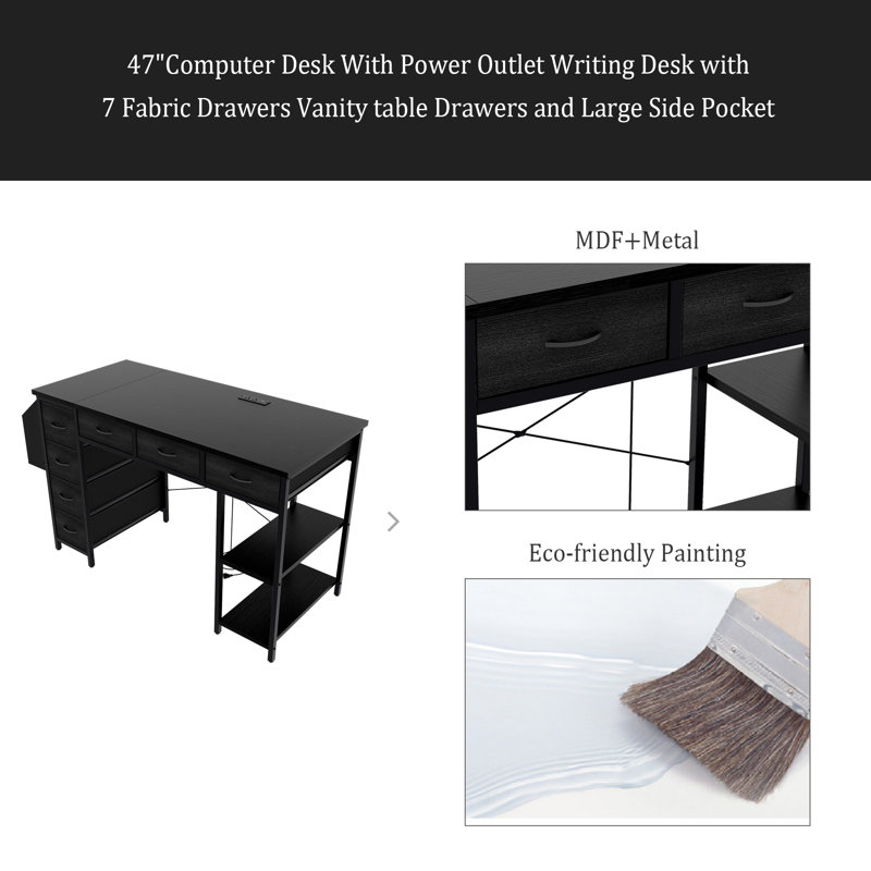 47" Computer Desk With Power Outlet,Writing Desk With 7 Fabric Drawers,Vanity Table Drawers And Large Side Pocket