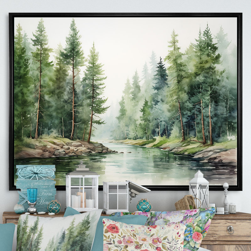 Rivière, forêt, trésor caché, paysage I, Cadre flottant noir, H 12 po x l 20 po