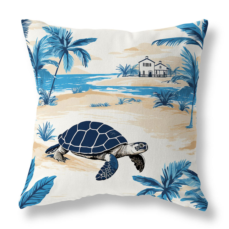 Oreiller réversible intérieur / extérieur Sandy Shores Turtle, H 18 po x l 18 po, Bleu/doré