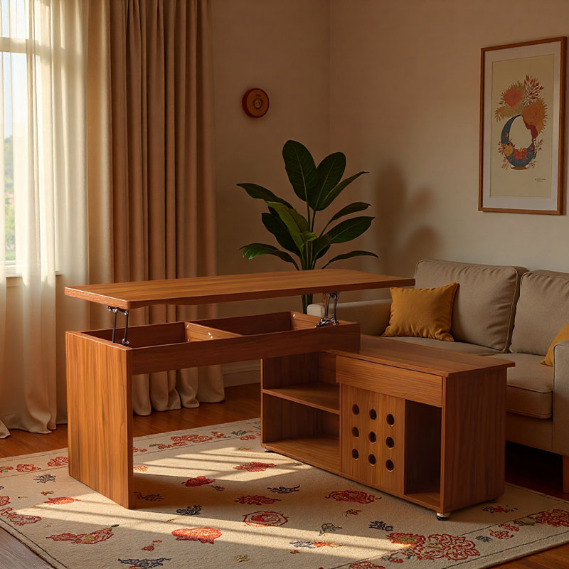 Bureau de direction en L noyer de 55,1 po avec bureau à hauteur ajustable en noyer, tiroirs de rangement et armoire