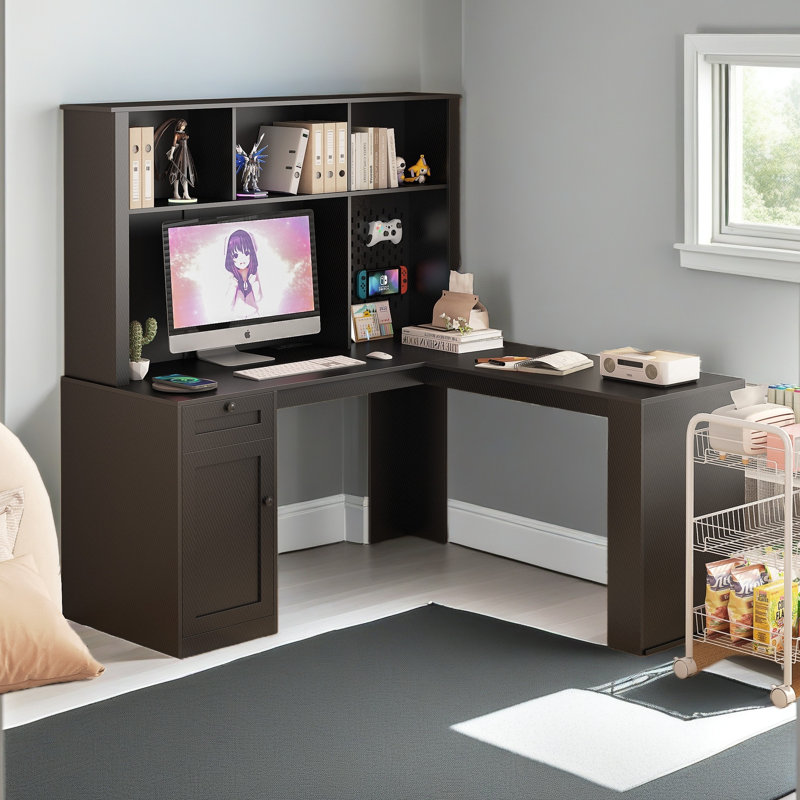 L Shaped Desk With Outlet, Computer Desk With Drawers, Bookshelf & Hutch, Modern Corner Desk, Home Office Desk,L-Shaped Study Table Writing Desk,Corner Gaming Computer Desk With Storage