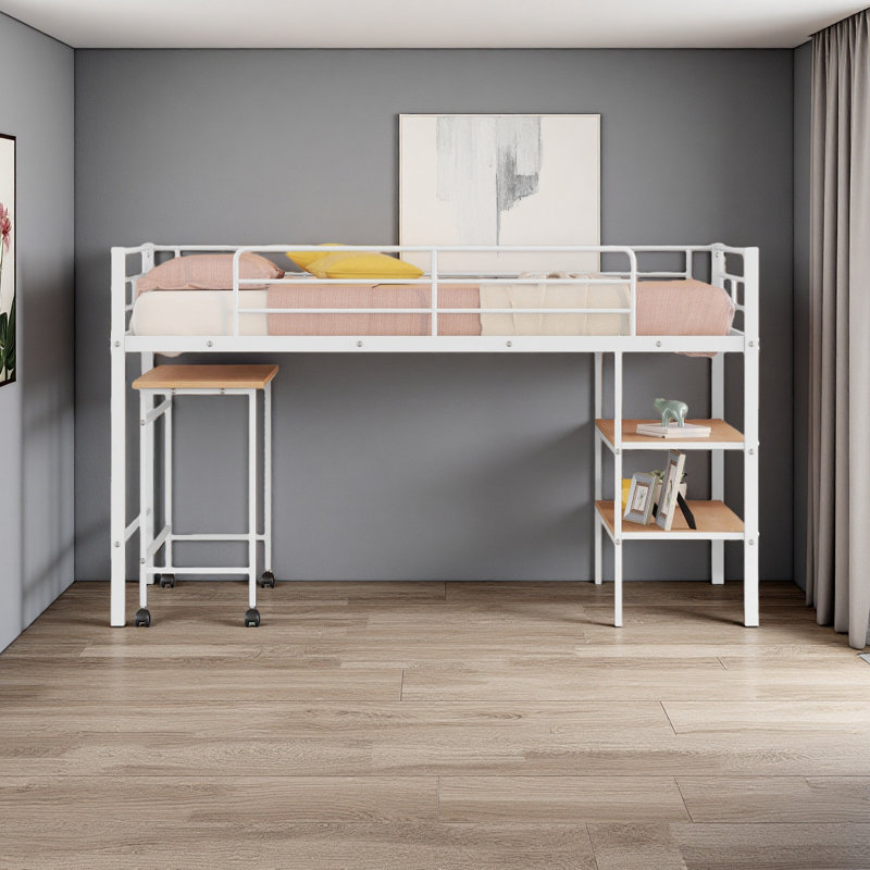 Lit mezzanine simple en métal avec bureau et tablettes, Blanc