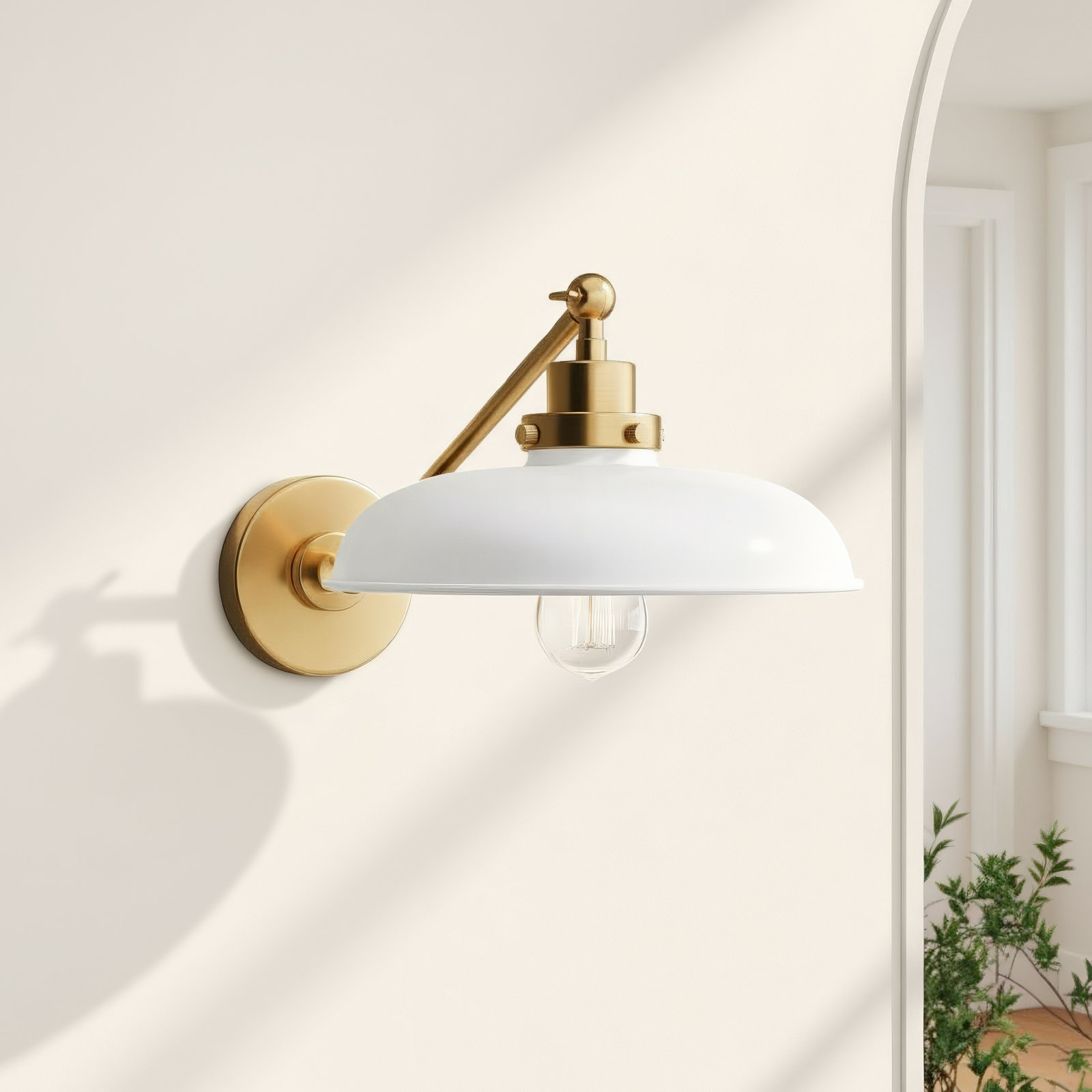 Single Light Dimmable Armed Sconce, Matte White, Burnished Brass