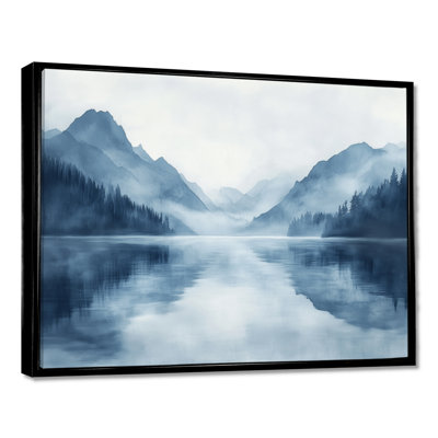 «Misty Morning Mountain Lake I», art mural paysage bleu