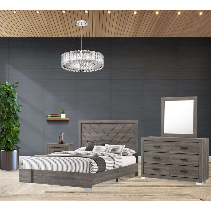 Ensemble de chambre avec grand lit 4 pièces en chêne gris avec lit, commode, miroir et table de chevet, Grand lit