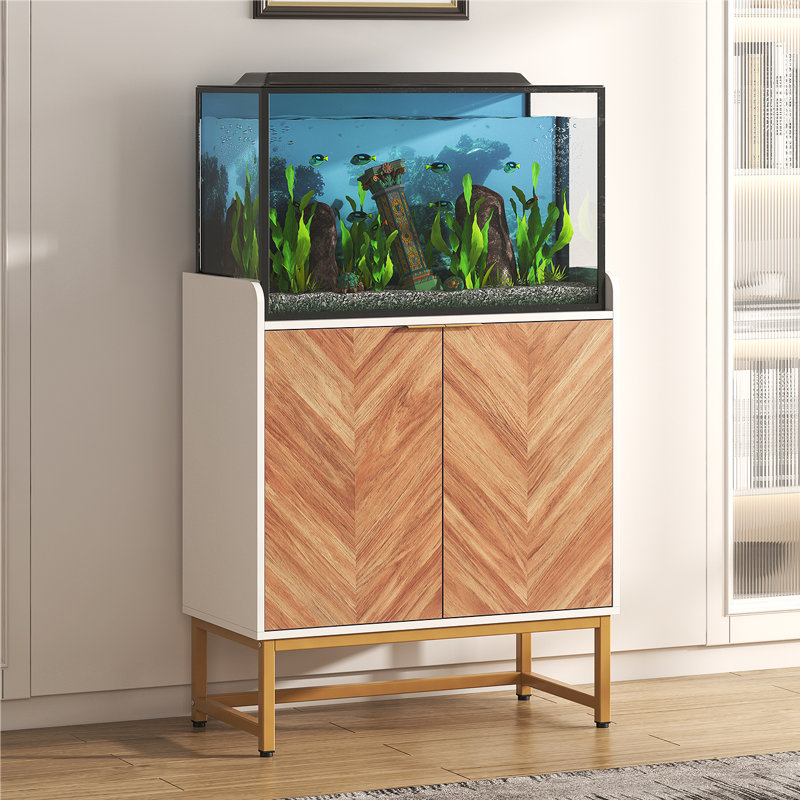 Support d'aquarium de 29 gallons avec portes de rangement et arêtes de poisson, support d'aquarium moderne Mid-Century avec base en métal doré, support d'aquarium de 20 à 30 gallons en bois robuste avec tablettes réglables