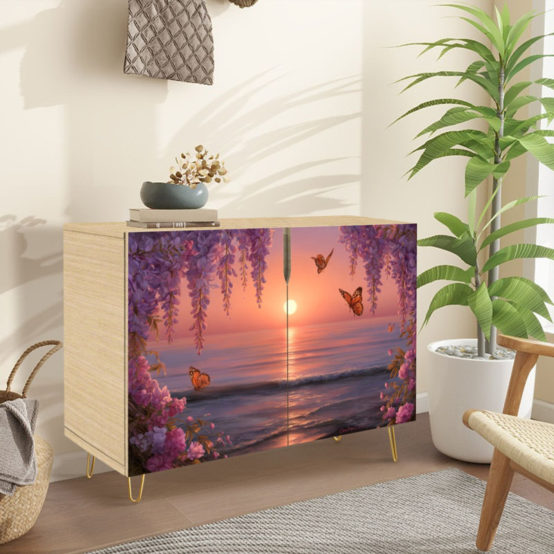 Buffet Buffet avec rangement Papillons colorés encadrant Serene Ocean Sunset avec 2 portes pour le salon et la cuisine