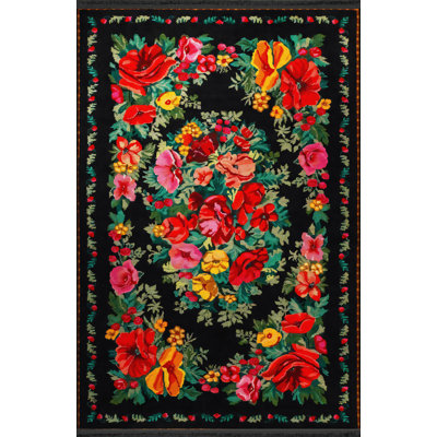 Black Themed Multi-Colored Floral and Rose Patterned Fringed Modern Decorative Rug