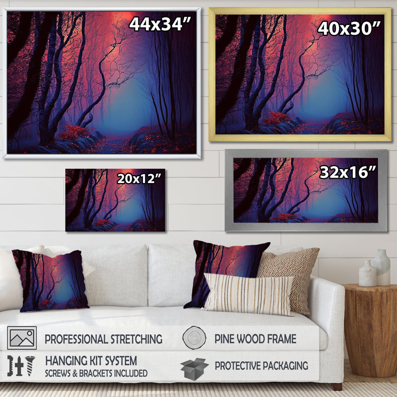 «Sunset Shining Misty Trees Autumn Forest I», reproduction sur toile, H 34 po x l 44 po x P 1,5 po, Cadre photo blanc