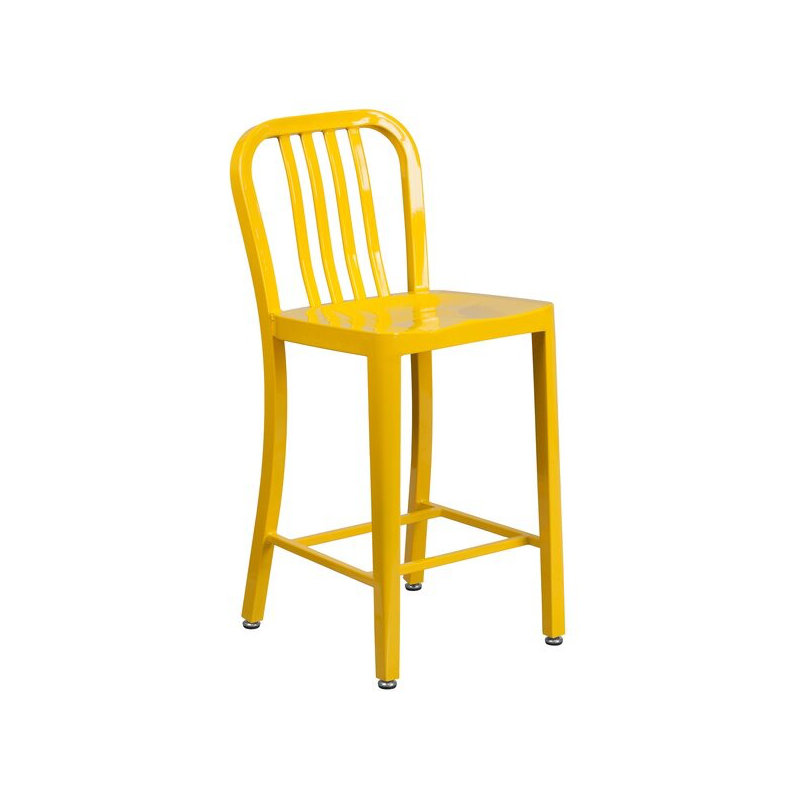 Commercial Grade Metal Indoor-Outdoor Stool with Vertical Slat Back, Yellow, Counter Stool (61cm Seat Height)
